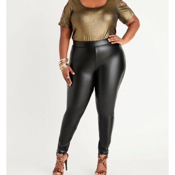 Ashley Stewart black faux leather high rise leggings women 26/28 retro Y2K - Picture 1 of 5